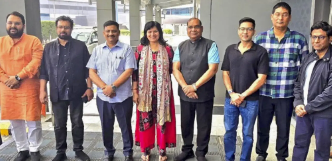 In this image posted by @AprajitaSarangi on X, a delegation of MPs including JD(U) leader Sanjay Kumar Jha, BJP leader Aparajita Sarangi, TMC leader Abhishek Banerjee and others can be seen posing for photographs before leaving for Japan, as part of an all-party delegations that would visit different countries to convey India's stand post Operation Sindoor. (@AprajitaSarangi on X via PTI Photo)