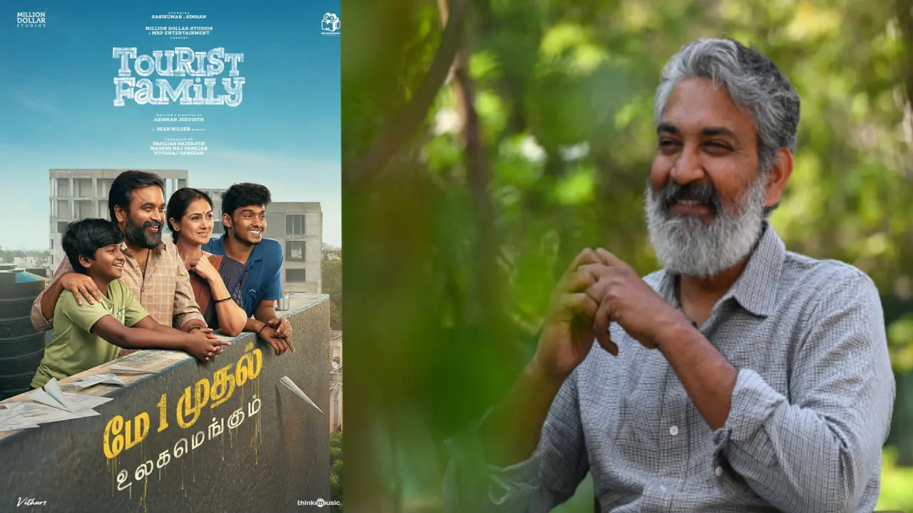 From (L) Poster of 'Tourist Family'; SS Rajamouli | Photos: X/AFP