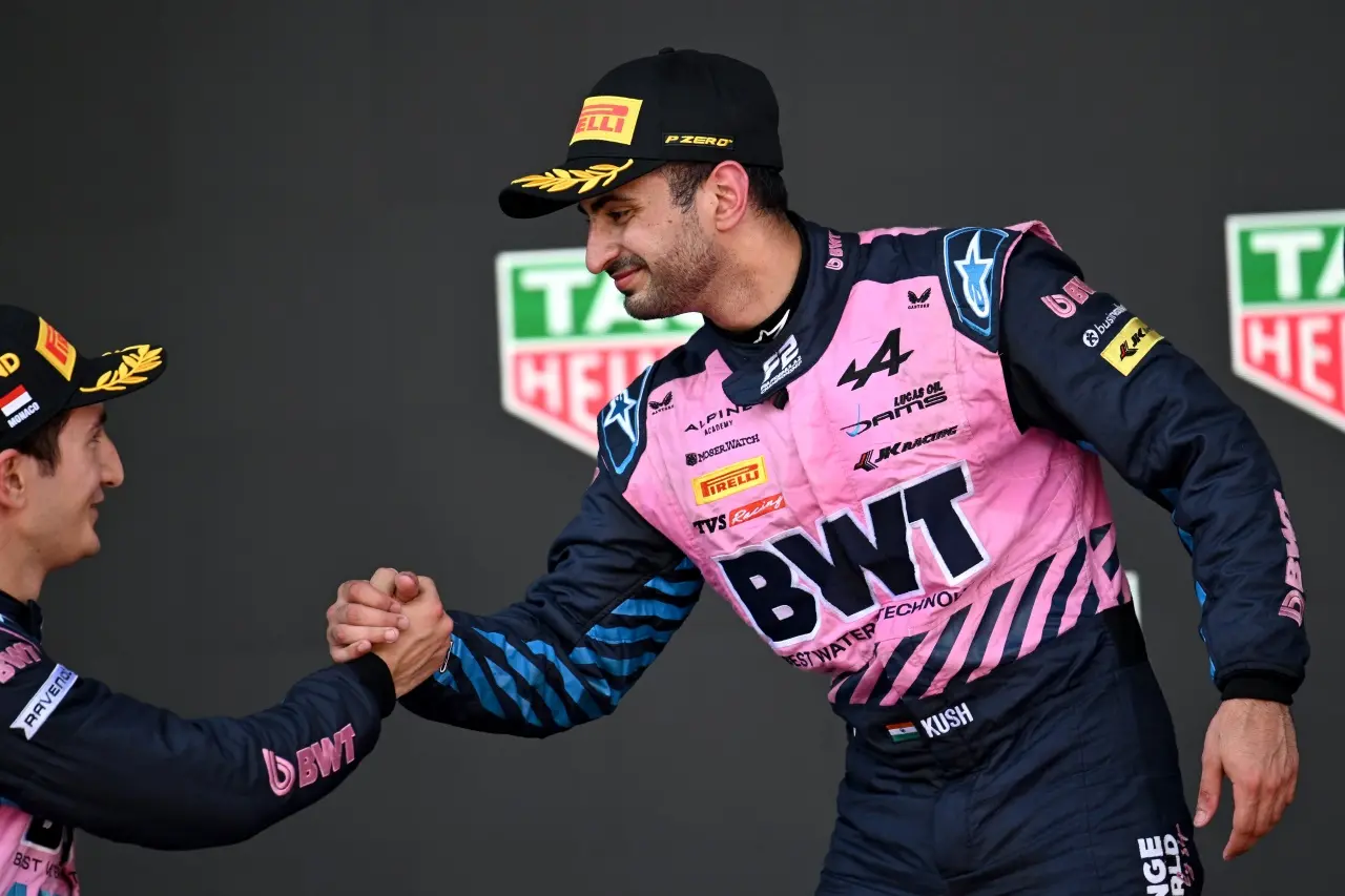 Kush Maini being congratulated after victory. | Photo: Formula 2/X