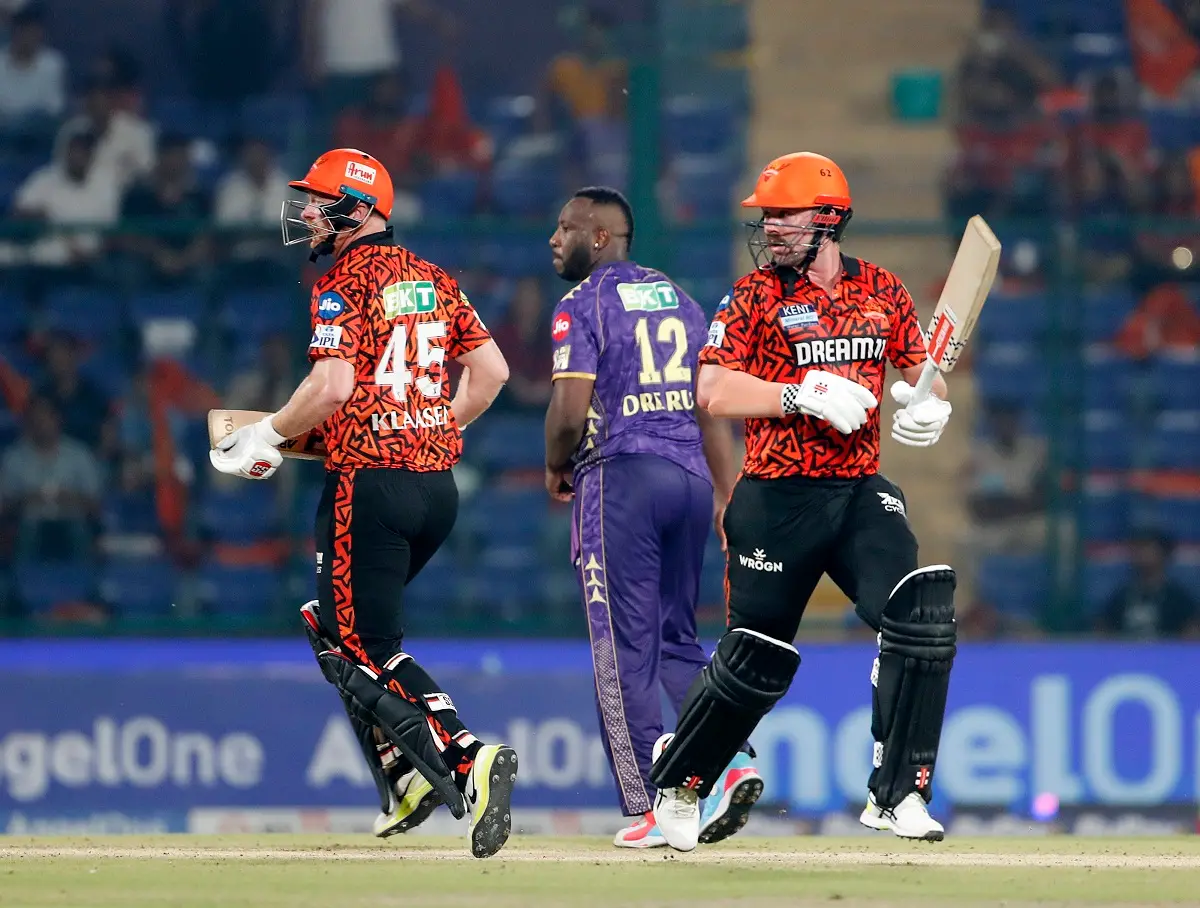 Sunrisers Hyderabad's Travis Head and Heinrich Klaasen run between wickets during the Indian Premier League (IPL) 2025 match against Kolkata Knight Riders, at Arun Jaitley Stadium in New Delhi on Sunday. | Photo: ANI