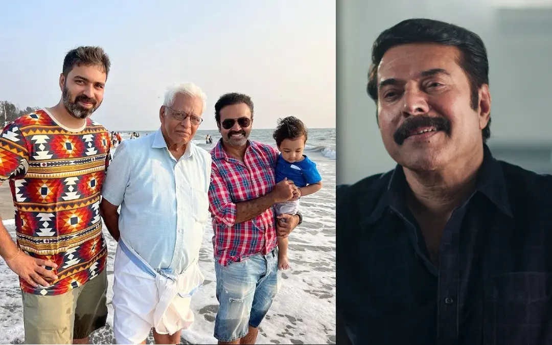 സംവിധായകന് റോബി, തിരക്കഥാകൃത്തും അഭിനേതാവുമായ റോണി എന്നിവര് പിതാവ് രാജനൊപ്പം, കണ്ണൂര് സ്ക്വാഡില് മമ്മൂട്ടി