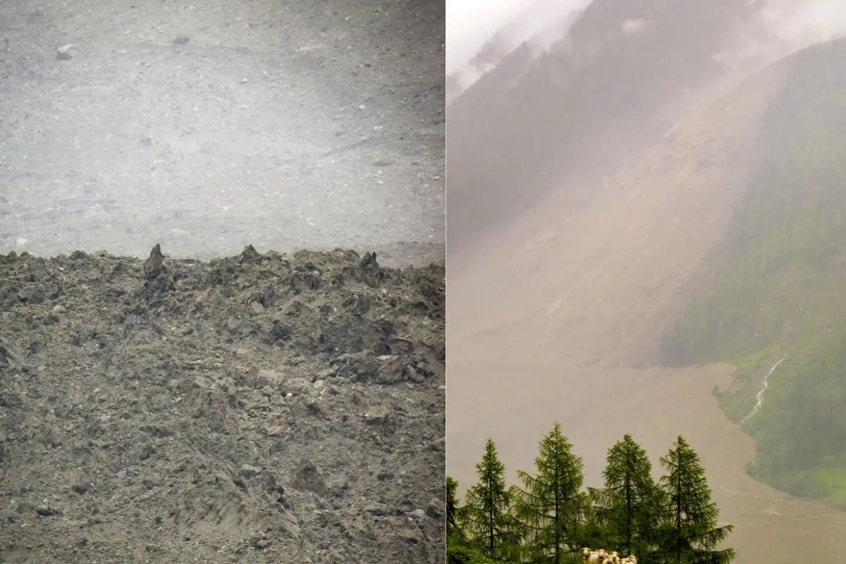 A large avalanche with a mixture of ice, rock, snow and water reach the valley floor is pictured in Wiler after the Birch glacier collapsing above Blatten, Switzerland (Photo: AP)