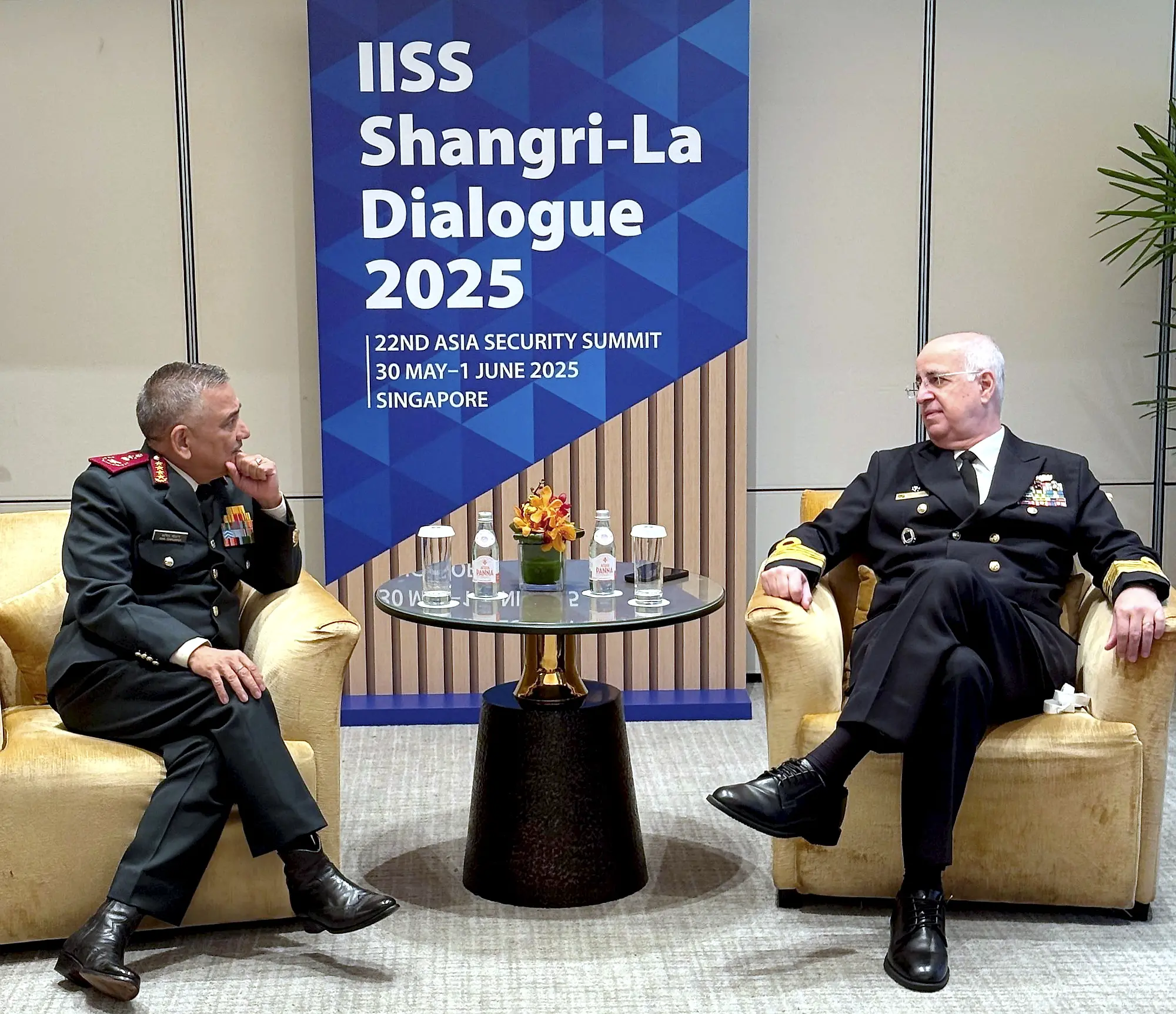 Chief of Defence Staff (CDS) General Anil Chauhan during a meeting with Chief of Staff of Armed Forces of Brazil Admiral Aguiar Freire, at the 22nd Shangri La Dialogue, in Singapore | PTI