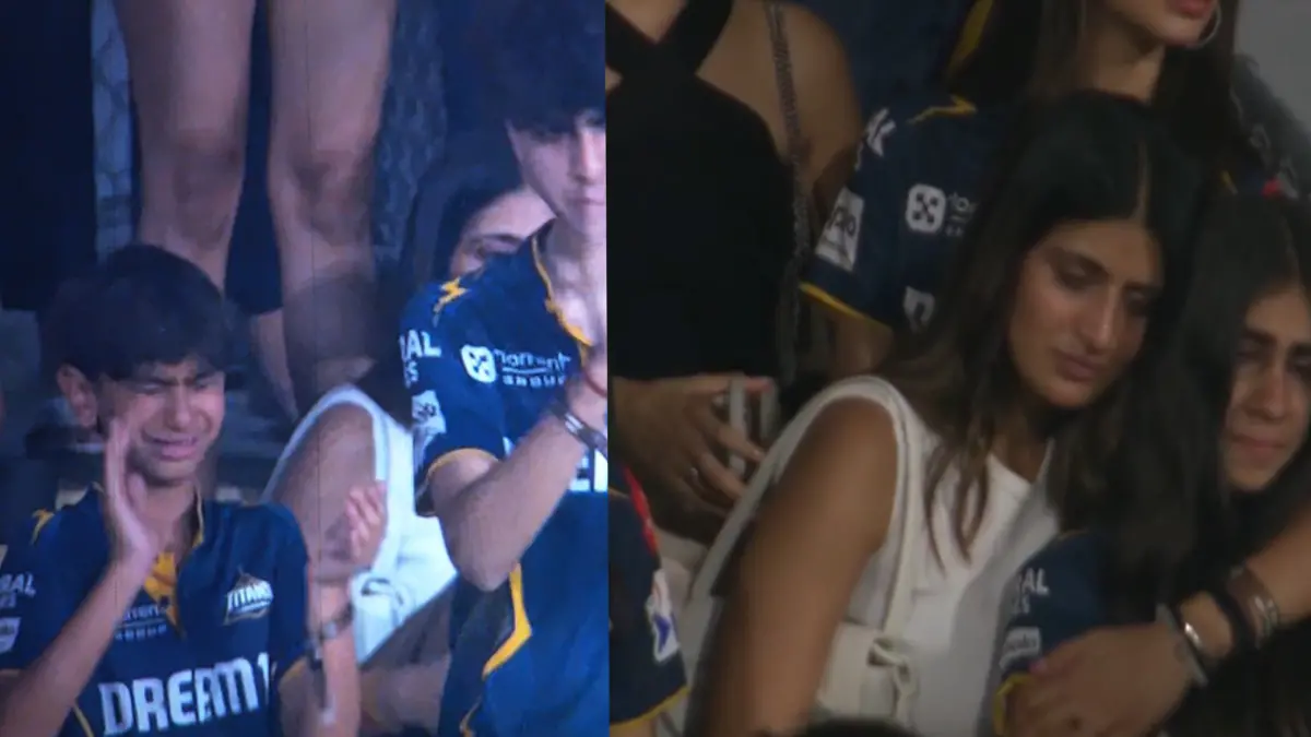 Emotional scenes as GT coach Ashish Nehra's son and skipper Shubman Gill's sister, Shahneel Gill, were seen crying in the stands after GT's loss to Mumbai Indians in the IPL Eliminator. | Screengrab/X