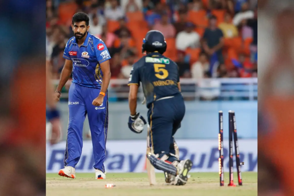 Gujarat Titans' Washington Sundar gets clean bowled by Mumbai Indians' Jasprit Bumrah during their IPL 2025 Eliminator match, at MYS International Cricket Stadium, Mullanpur in Mohali on Friday. (ANI Photo)