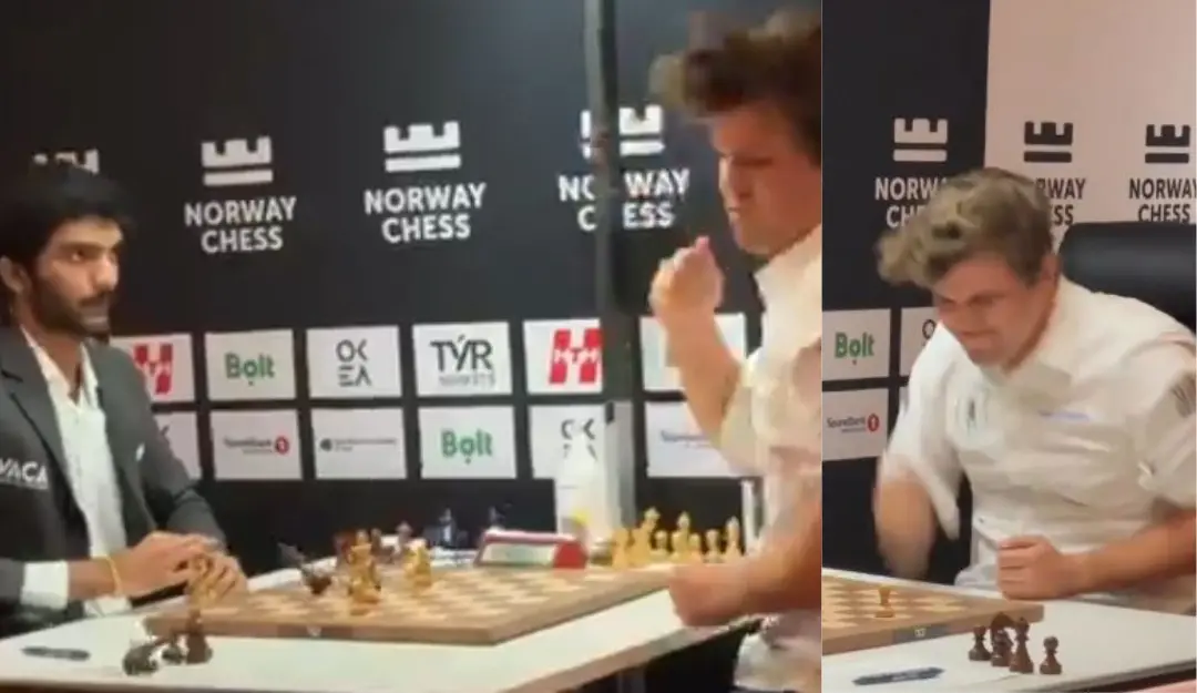 Magnus Carlsen reacts after facing defeat against Gukesh