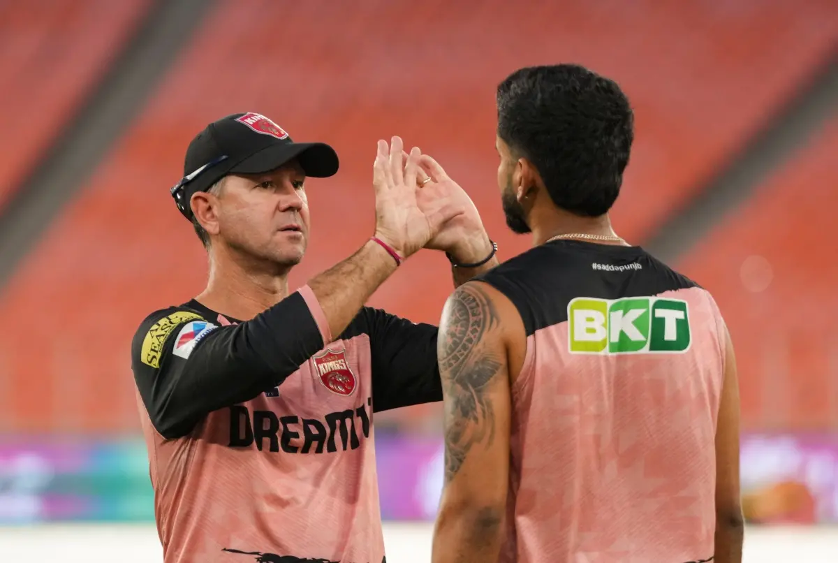 Punjab Kings' skipper Shreyas Iyer with Head Coach Ricky Ponting during a training session ahead of the Indian Premier League (IPL) 2025 Qualifier 2 cricket match against Mumbai Indians, at the Narendra Modi Stadium, in Ahmedabad, Gujarat. | Photo: PTI