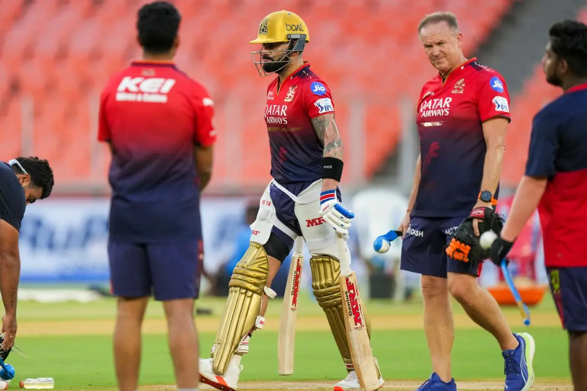 Royal Challengers Bengaluru's Virat Kohli during a training session on the eve of the Indian Premier League (IPL) 2025 final cricket match between Royal Challengers Bengaluru and Punjab Kings in Ahmedabad. | Photo: PTI