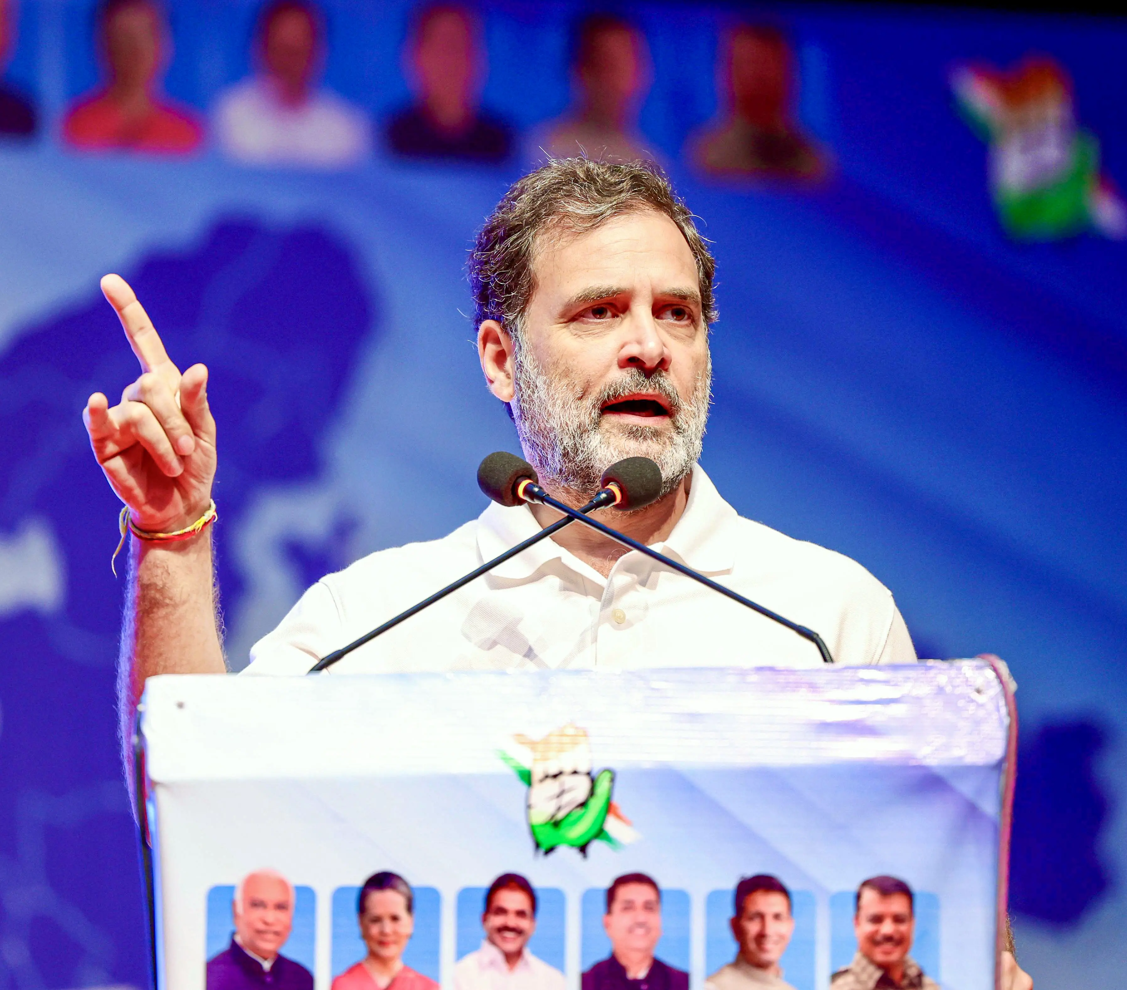 Lok Sabha LoP Rahul Gandhi addresses the PCC members, district and block presidents, party leaders and workers in the Congress Party conference, at Ravindra Bhawan in Bhopal | Photo: ANI