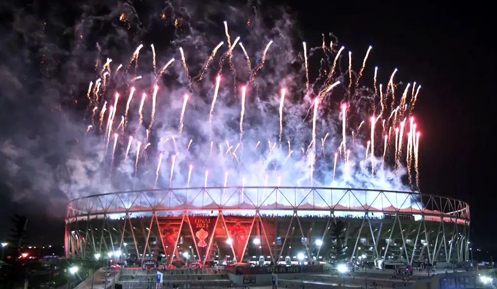Firecrackers illuminate the sky after Royal Challengers Bengaluru beat Punjab Kings by six runs in the IPL final match, at Narendra Modi Stadium in Ahmedabad | Photo: ANI