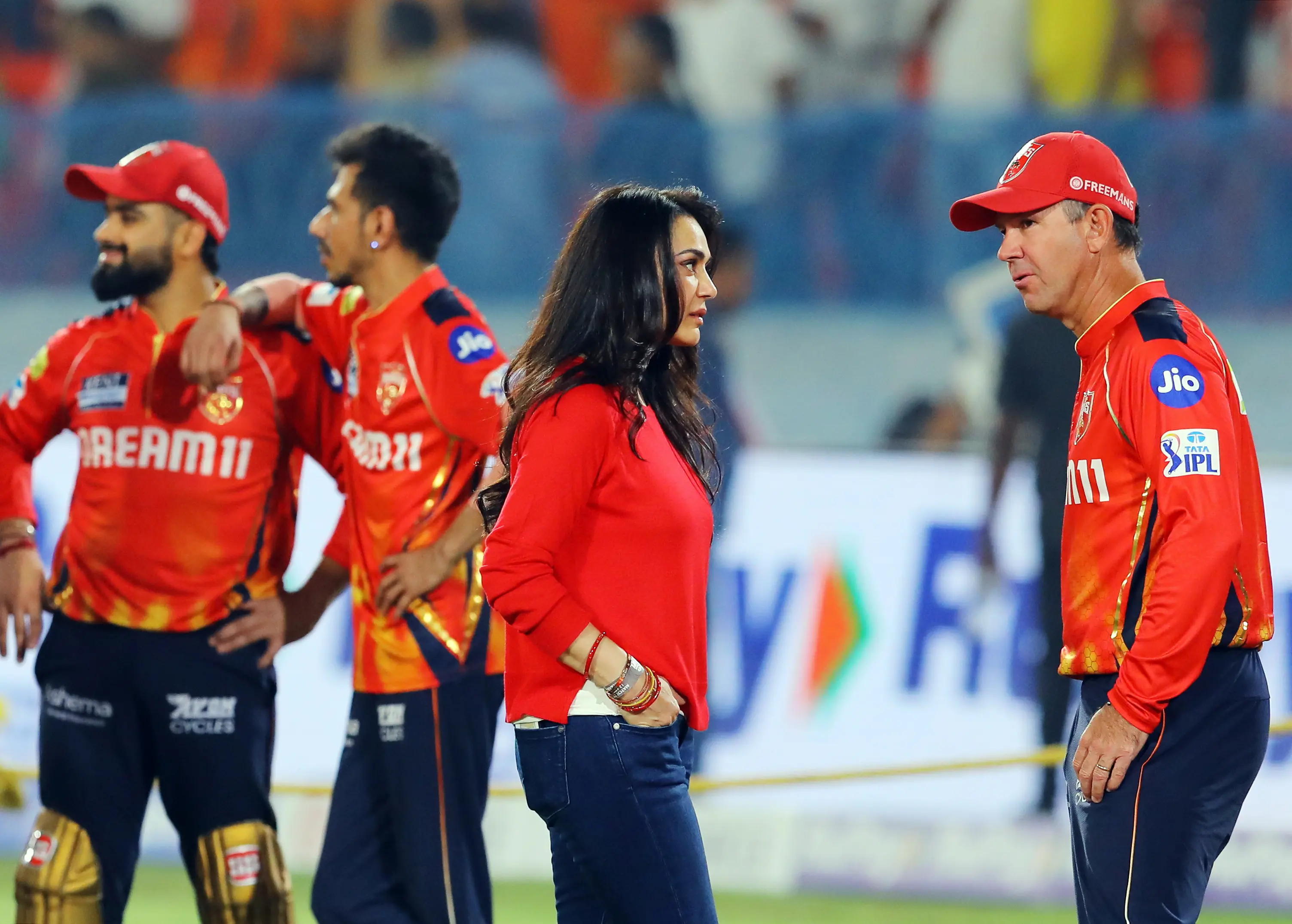 Punjab Kings' co-owner Preity Zinta in conversation with head coach Ricky Ponting during the match between Sunrisers Hyderabad and Punjab Kings in the Indian Premier League 2025, at Rajiv Gandhi International Stadium in Hyderabad. | File Photo: ANI