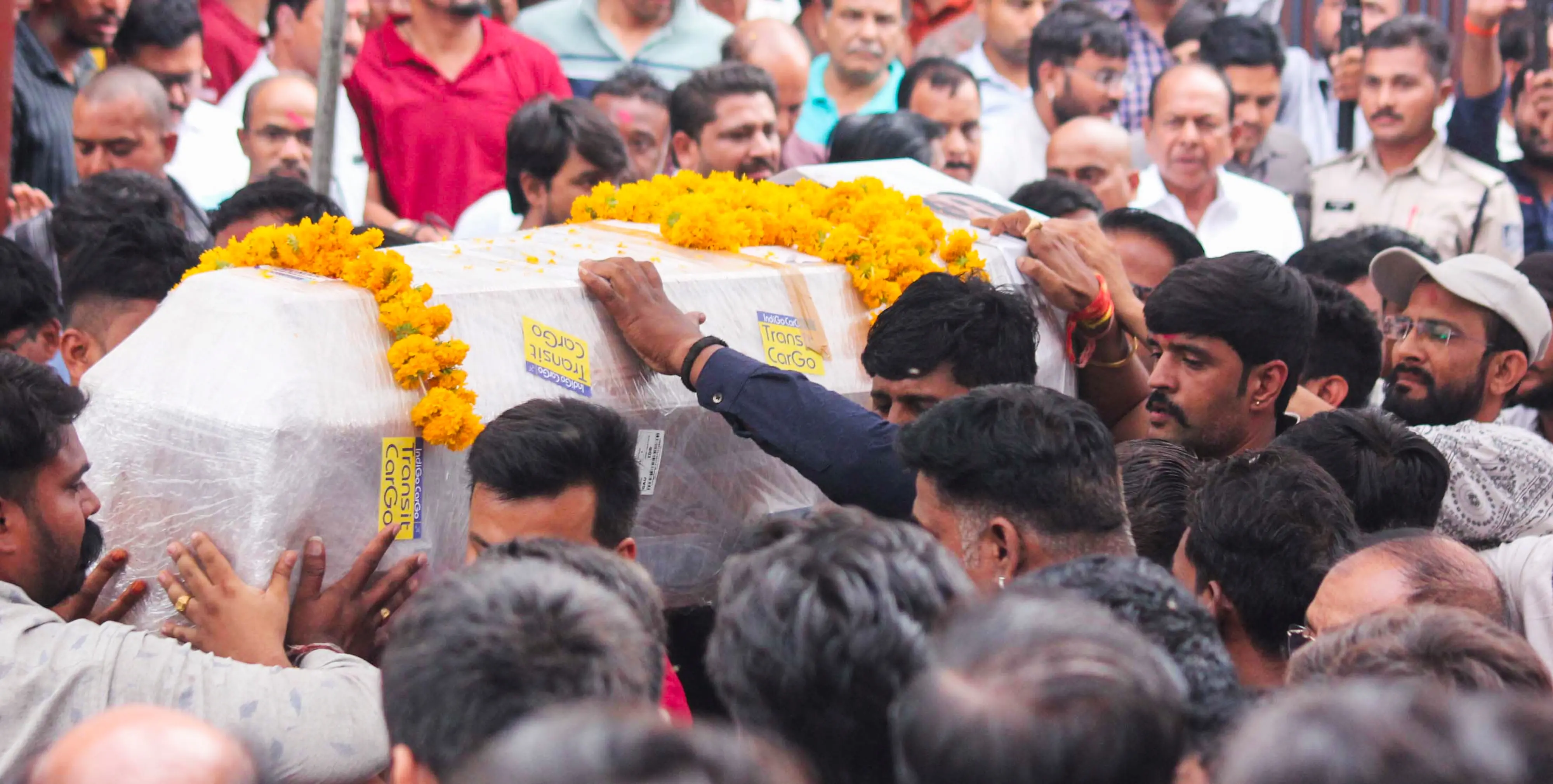 Relatives and family members attend funeral of businessman Raja Raghuvanshi, who was found murdered days after he went missing with his wife in Meghalaya, in Indore. | Photo: PTI