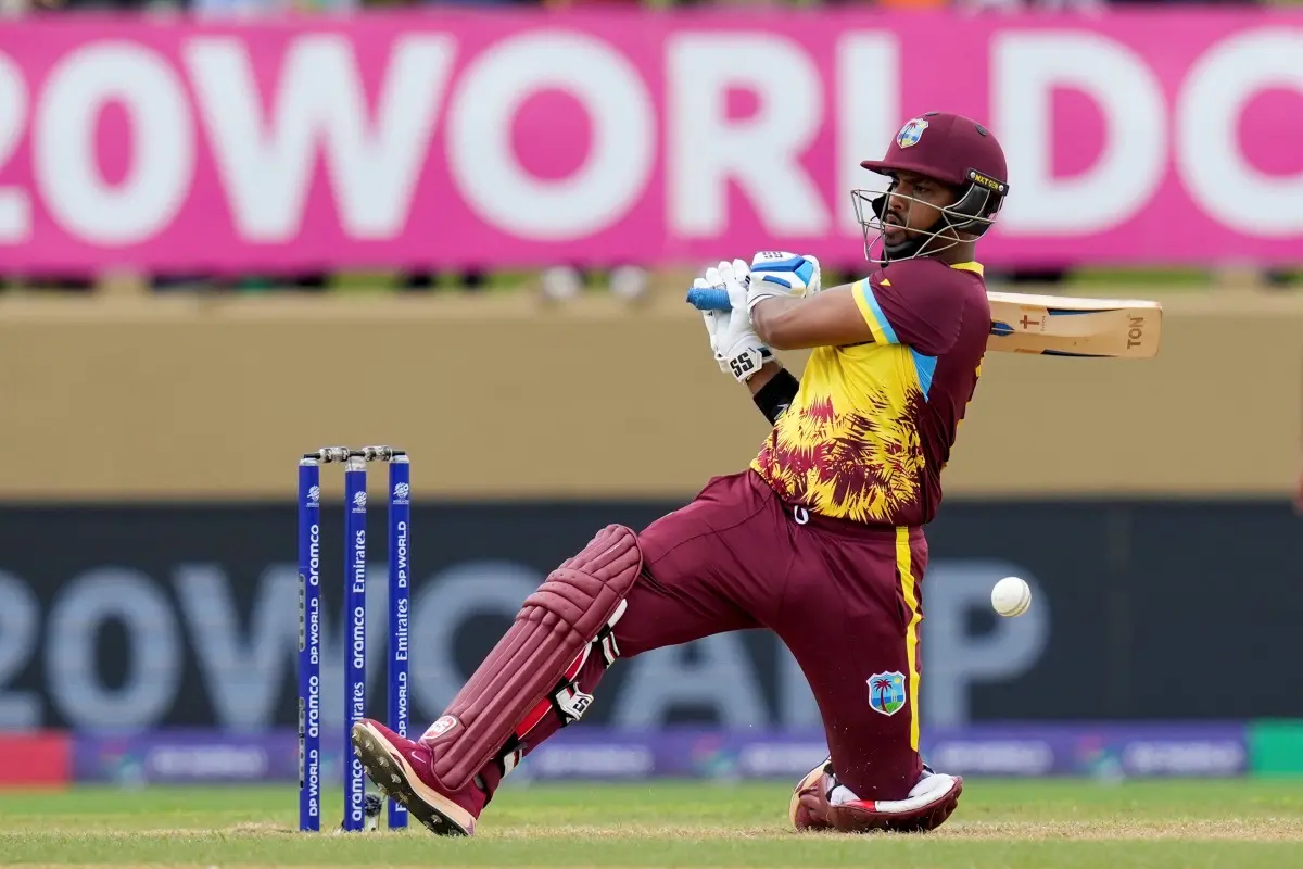 West Indies' Nicholas Pooran plays a shot against Papua New Guinea during an ICC Men's T20 World Cup cricket match at Guyana National Stadium in Providence, Guyana. | Photo: AP/PTI