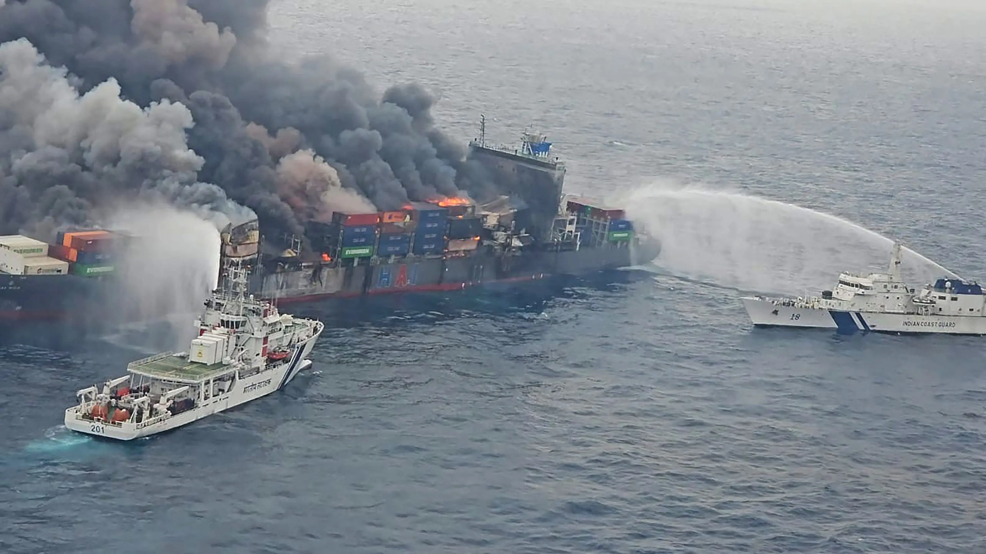 Smoke billowing from the Singapore-flagged container ship MV Wan Hai 503 | Indian Navy