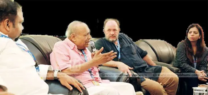 Santhosh George Kulangara, M P Veerendra Kumar, William Dalrymple and Shireen Quadri during a panel discussion at Mathrubhumi International Festival of Letters