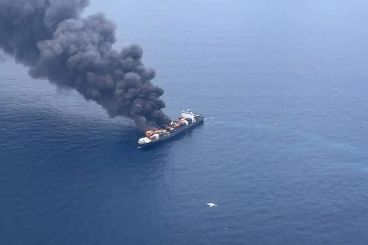 The Singapore-flagged cargo vessel Wan Hai 503, which caught fire, remains ablaze