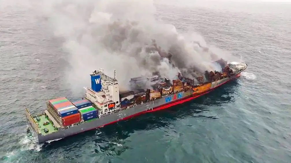 Smoke billows out from Singaporean Vessel MV Wan Hai 503 during a salvage operation being carried out by Indian Coast Guard (ICG), along with the Indian Navy and Indian Air Force | ANI