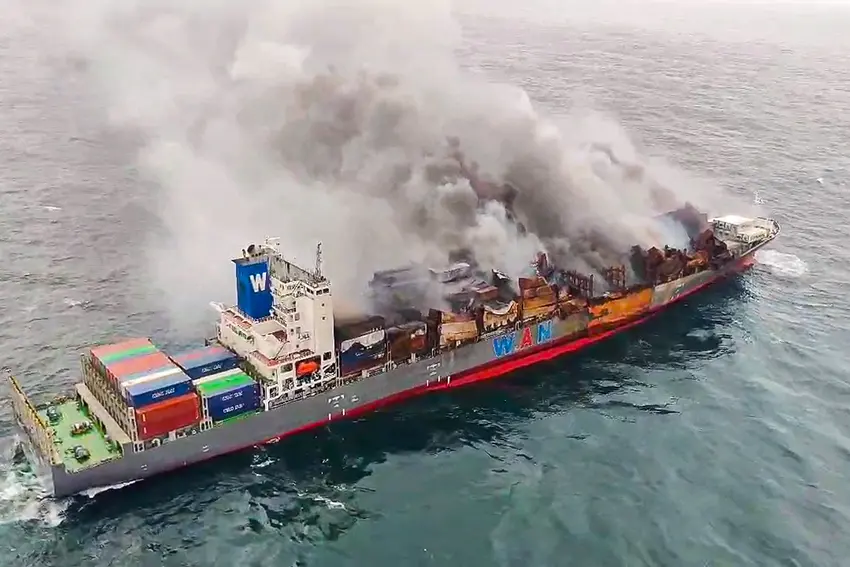 Smoke billows out from Singaporean Vessel MV Wan Hai 503 during a salvage operation being carried out by Indian Coast Guard (ICG), along with the Indian Navy and Indian Air Force