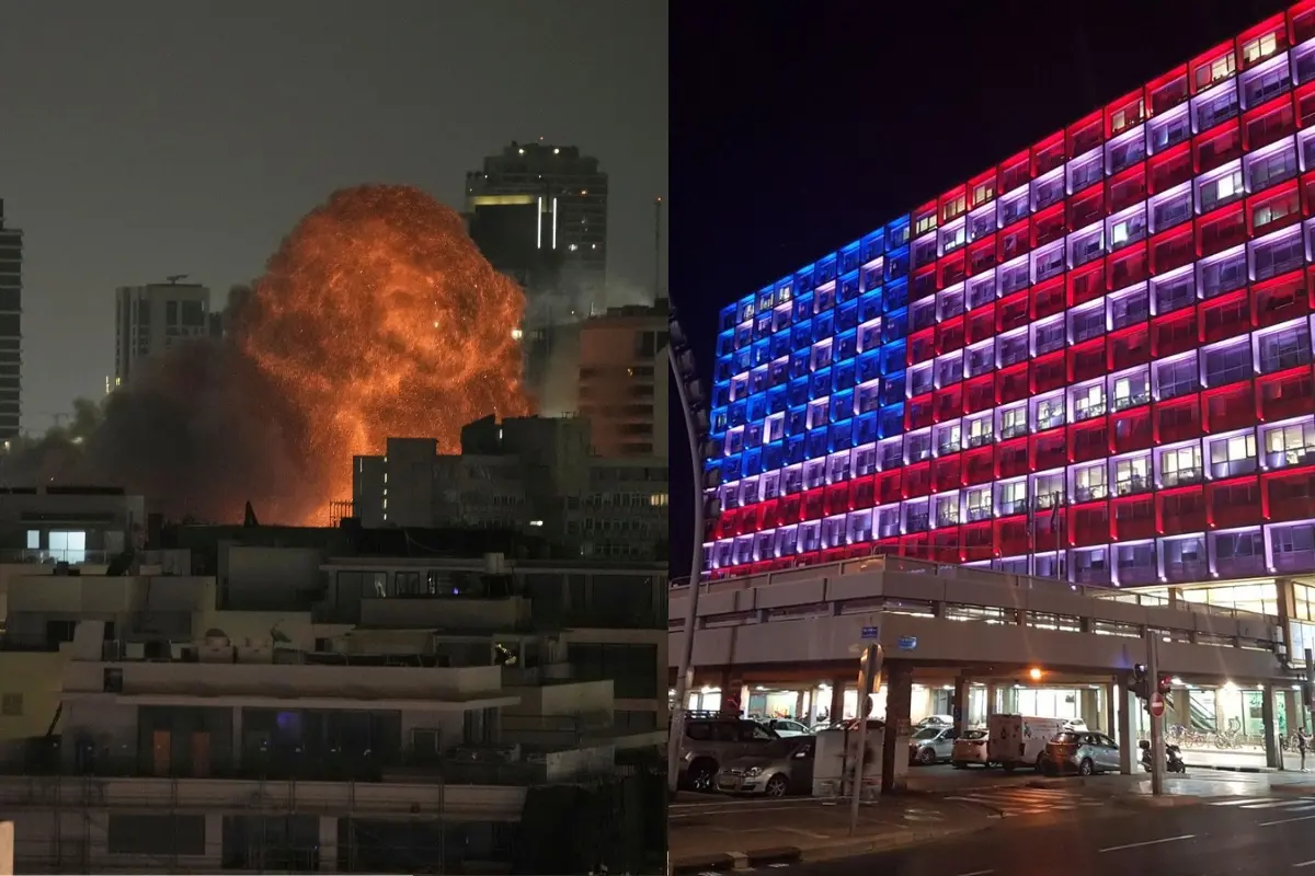 An explosion is seen during a missile attack in Tel Aviv, Israel and file image US embassy in Tel aviv. | Photo: AP