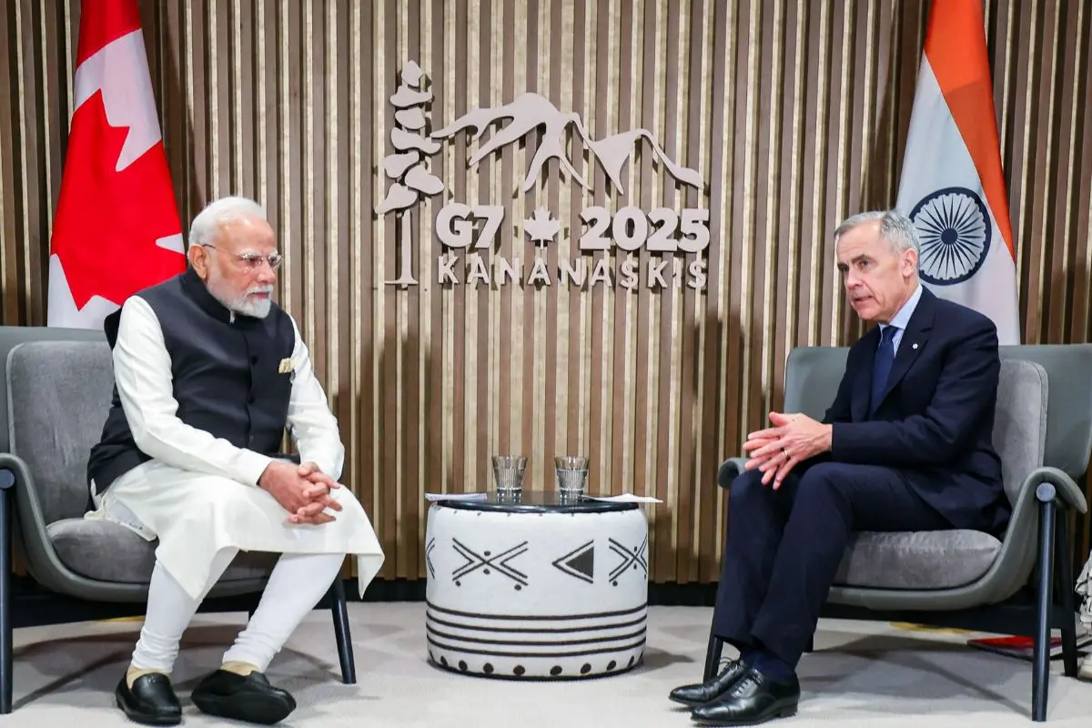 Prime Minister Narendra Modi (Left) holds a bilateral meeting with Canadian Prime Minister Mark Carney, on the sidelines of the 51st G7 Summit | ANI