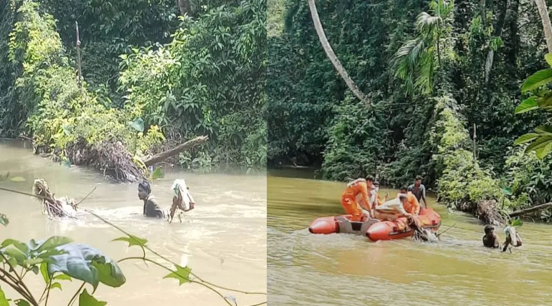 മത്സ്യവ്യാപാരിയെ വെട്ടിപരിക്കേല്പ്പിച്ച ശേഷം ആറ്റില് ചാടിയ യുവാവ് (ഇടത്ത്) യുവാവിനെ അഗ്നിരക്ഷാസേന സംഘം തോണിയില് കയറ്റുന്നു(വലത്ത്)