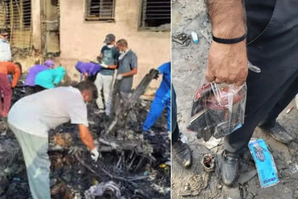 Rescue workers search the Ahmedabad plane crash site; belongings recovered from the wreckage.