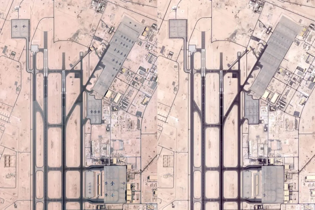 A photo taken on June 5, 2025 (L) shows military planes at the US military base of Al-Udeid in Qatar, and a photo taken June 19, 2025 (R) showing no more planes at the US military base of Al-Udeid in Qatar, one of the main US bases in the region