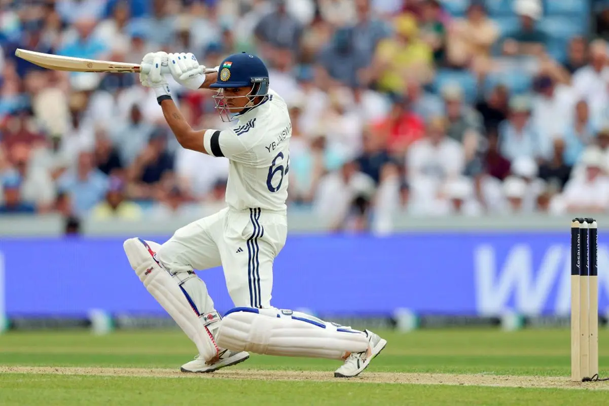 Yashasvi Jaiswal plays a shot during the 1st test match against England, at Headingley Cricket Ground in Leeds on Friday
