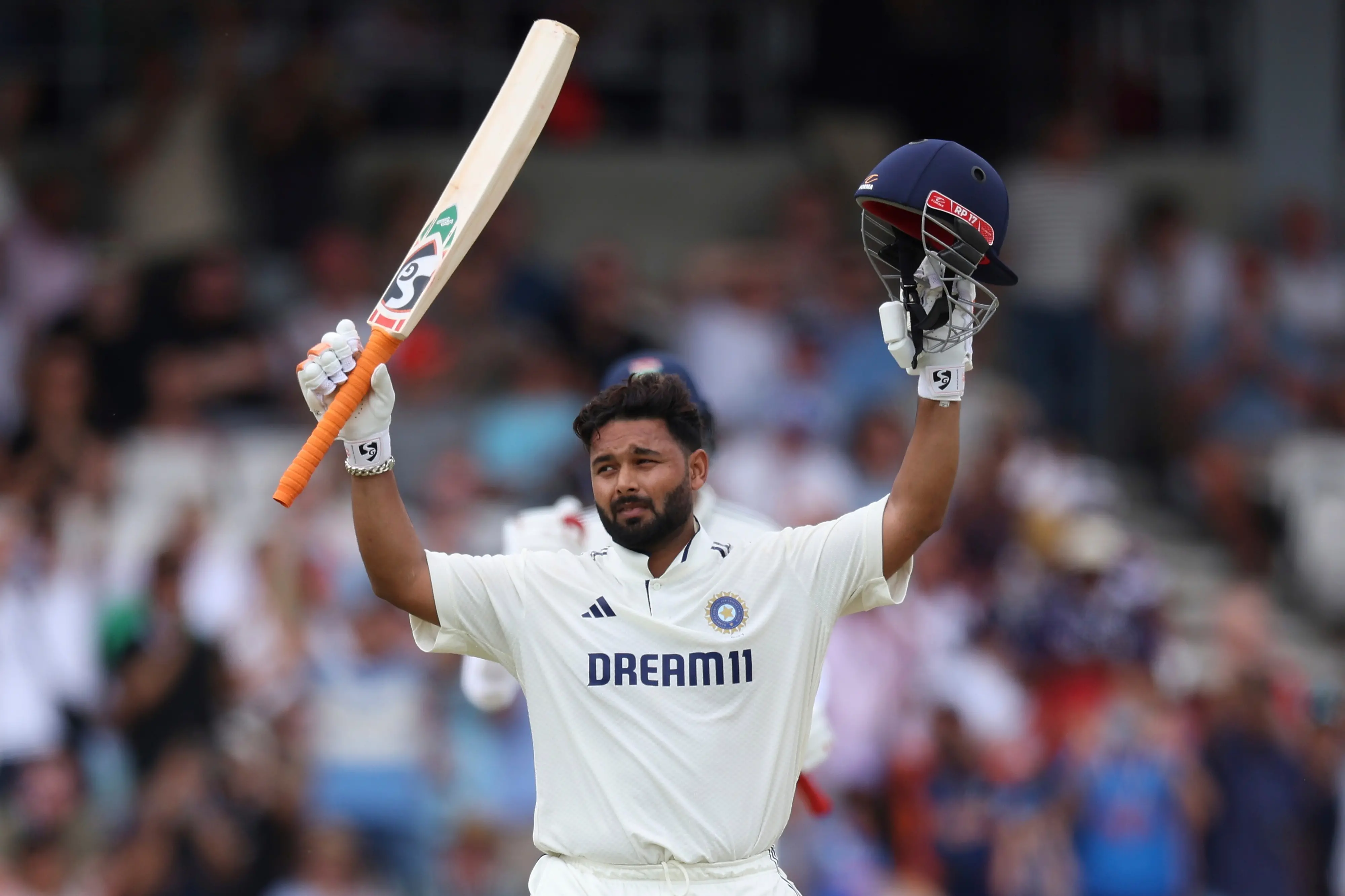 Rishabh Pant celebrates after scoring a century on day two of the first cricket test match between England and India | Photo: AP