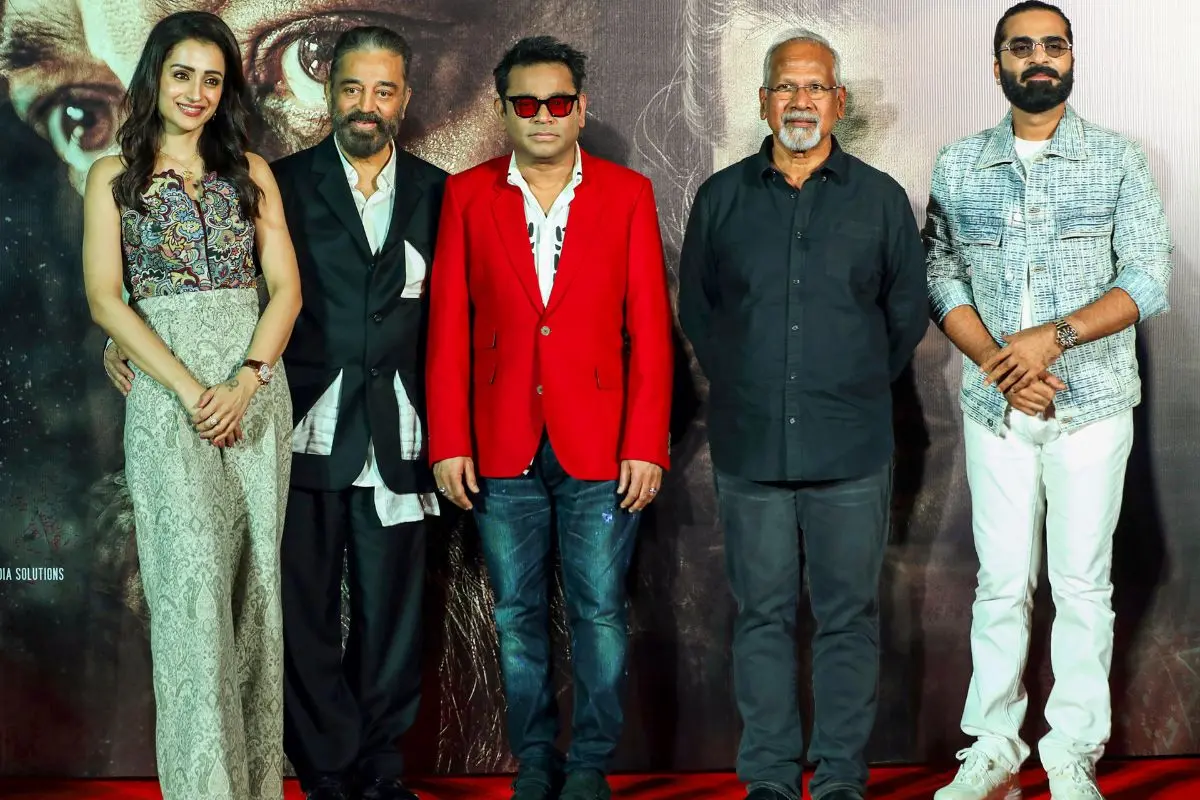 Actors Kamal Haasan, second left, Trisha Krishnan, left, and Silambarasan TR, right, with film director Mani Ratnam, second right, and music composer AR Rahman during the promotion of their film 'Thug Life' in Mumbai. | Photo: PTI