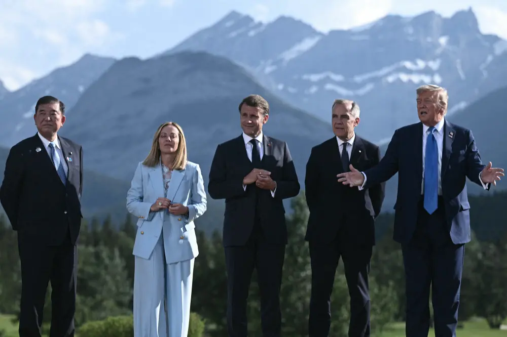 Japanese Prime Minister Shigeru Ishiba, Italian Prime Minister Giorgia Meloni, French President Emmanuel Macron and Canadian Prime Minister Mark Carney and US President Donald Trump during G7 summit | AFP