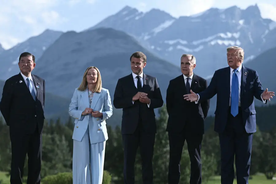 Japanese Prime Minister Shigeru Ishiba, Italian Prime Minister Giorgia Meloni, French President Emmanuel Macron and Canadian Prime Minister Mark Carney and US President Donald Trump during G7 summit