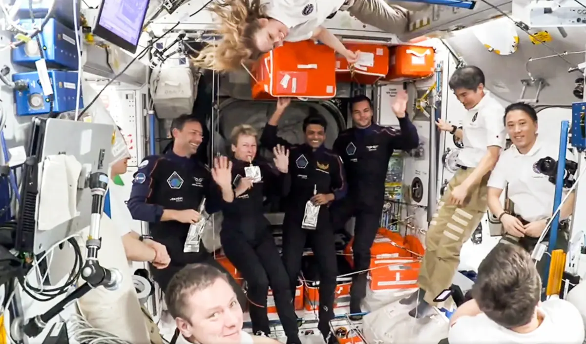 Indian Air Force Group Captain Shubhanshu Shukla with Crewmates - veteran astronaut Peggy Whitson (US) as commander, Polish engineer Sławosz Uznański, and Hungarian researcher Tibor Kapu during the welcome ceremony aboard the International Space Station, on Thursday. | Photo: ANI