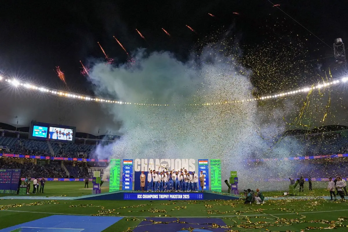 Indian cricket team celebrate holding the trophy after their win against New Zealand in the ICC Champions Trophy 2025 final cricket match, in Dubai. | File Photo: PTI