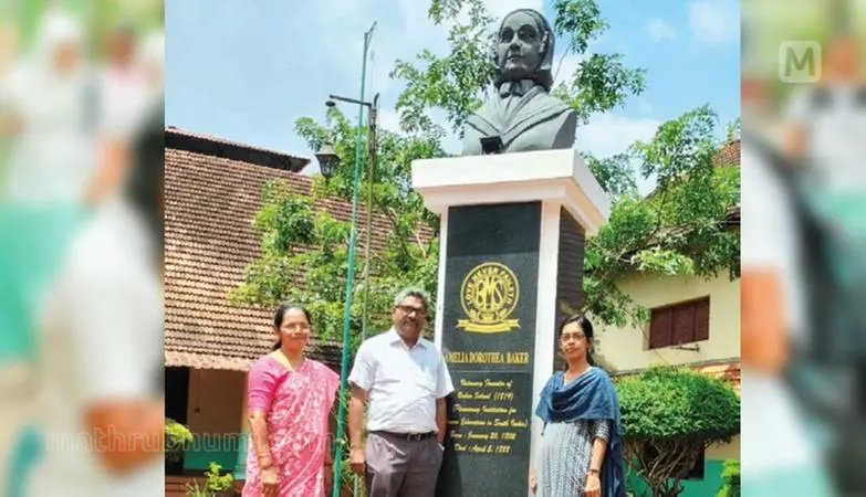 In front of the statue of Amelia Dorothea Baker installed at the school, higher secondary school principal Shibu Thomas is seen with alumni Rachel Nissy Nainan and Bainumol Thomas, who are also teachers at the school.