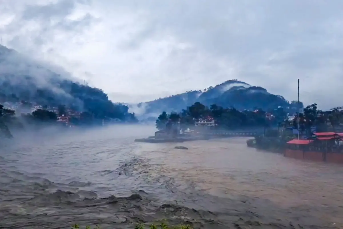 The confluence of the Beas and Suketi rivers flowing in spate after cloudburst, in Mandi district. Photo: PTI