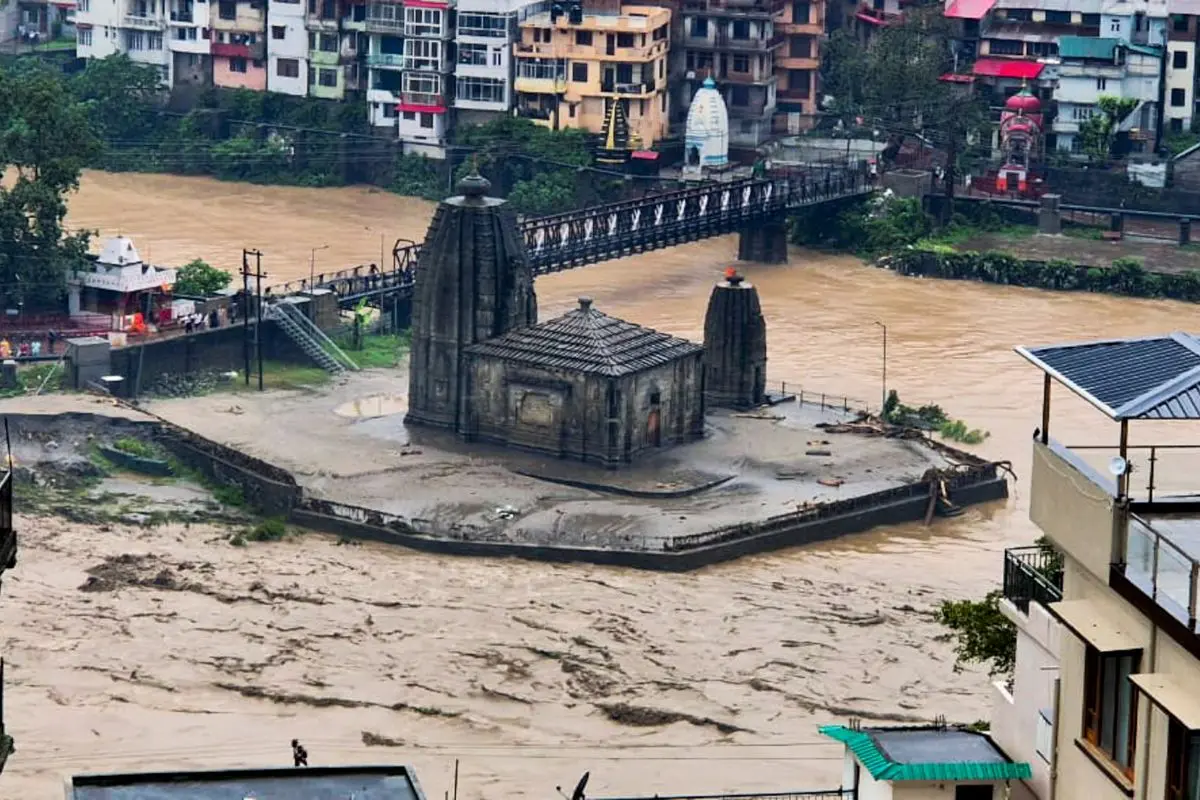 File Photo: The Panchvaktra Mahadev Temple at the confluence of the Beas and Suketi rivers flowing in spate after cloudburst, in Mandi district, Tuesday, July 1, 2025 | PTI