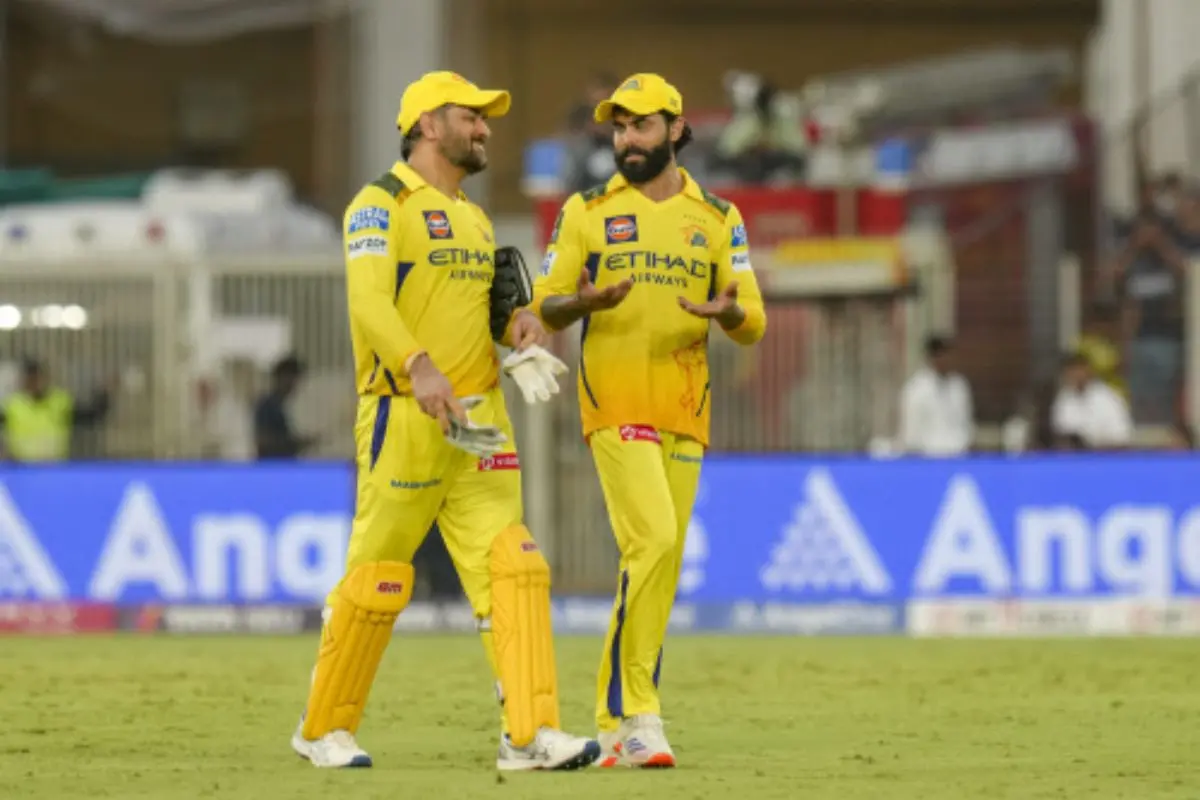 Chennai Super Kings' captain MS Dhoni with teammate Ravindra Jadeja after Chennai won the Indian Premier League (IPL) 2025 cricket match against Gujarat Titans, at the Narendra Modi Stadium, in Ahmedabad, Sunday, May 25, 2025. | Photo: PTI