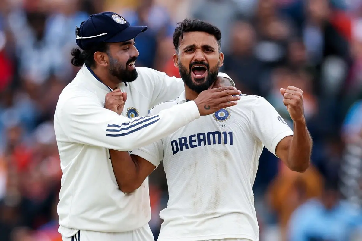 India KL Rahul and Akash Deep celebrate the team's victory against England during Day 5 of the 2nd test match, at Edgbaston in Birmingham on Sunday. India won by 336 runs. (@BCCI X/ANI Photo)
