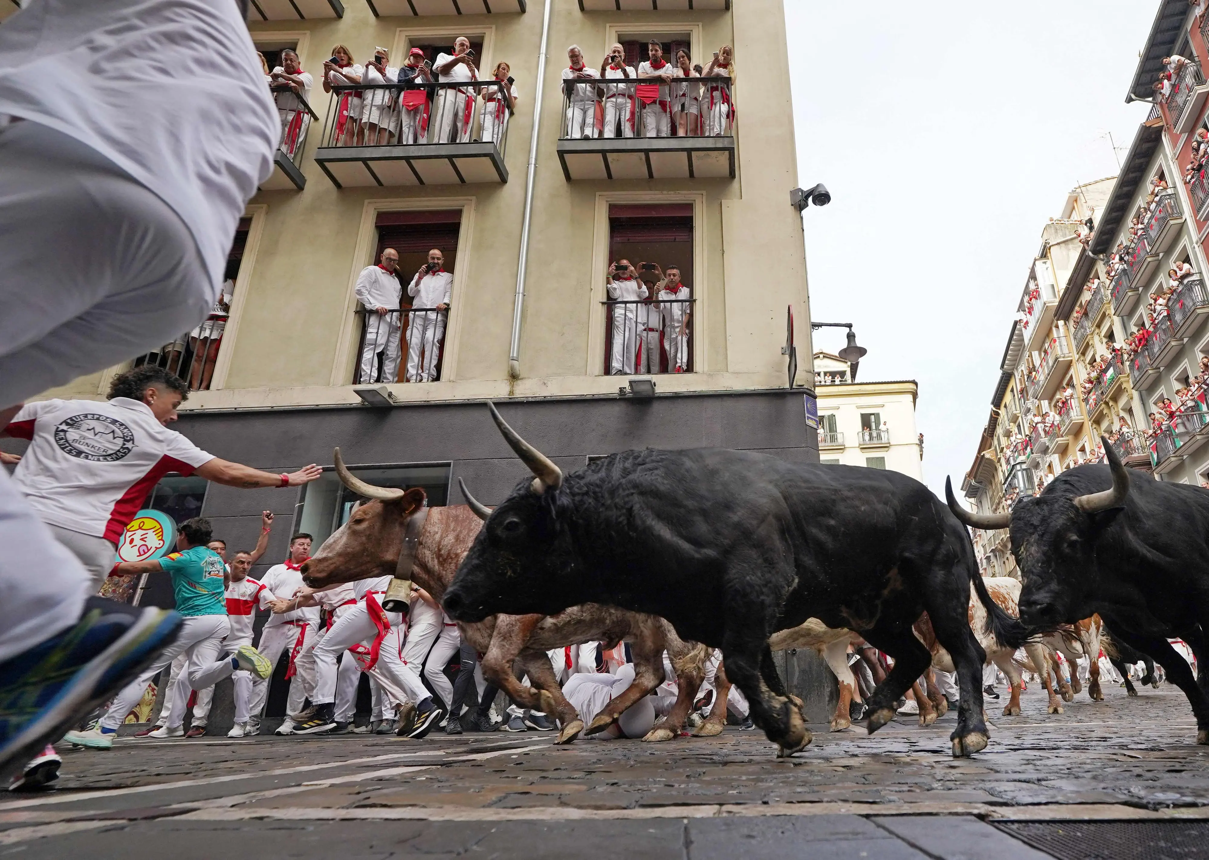 Participants run with bulls during the first 'encierro' (bull-run) of the San Fermin festival in Pamplona, northern Spain (Photo: AFP)