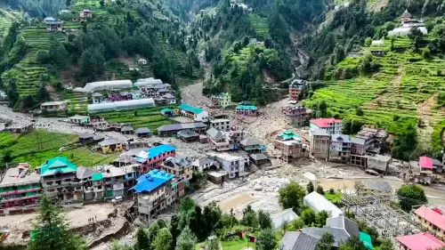 Drone visual of the aftermath of flash floods triggered by cloudburst causing widespread destruction, at Thunag in Mandi | Photo: ANI