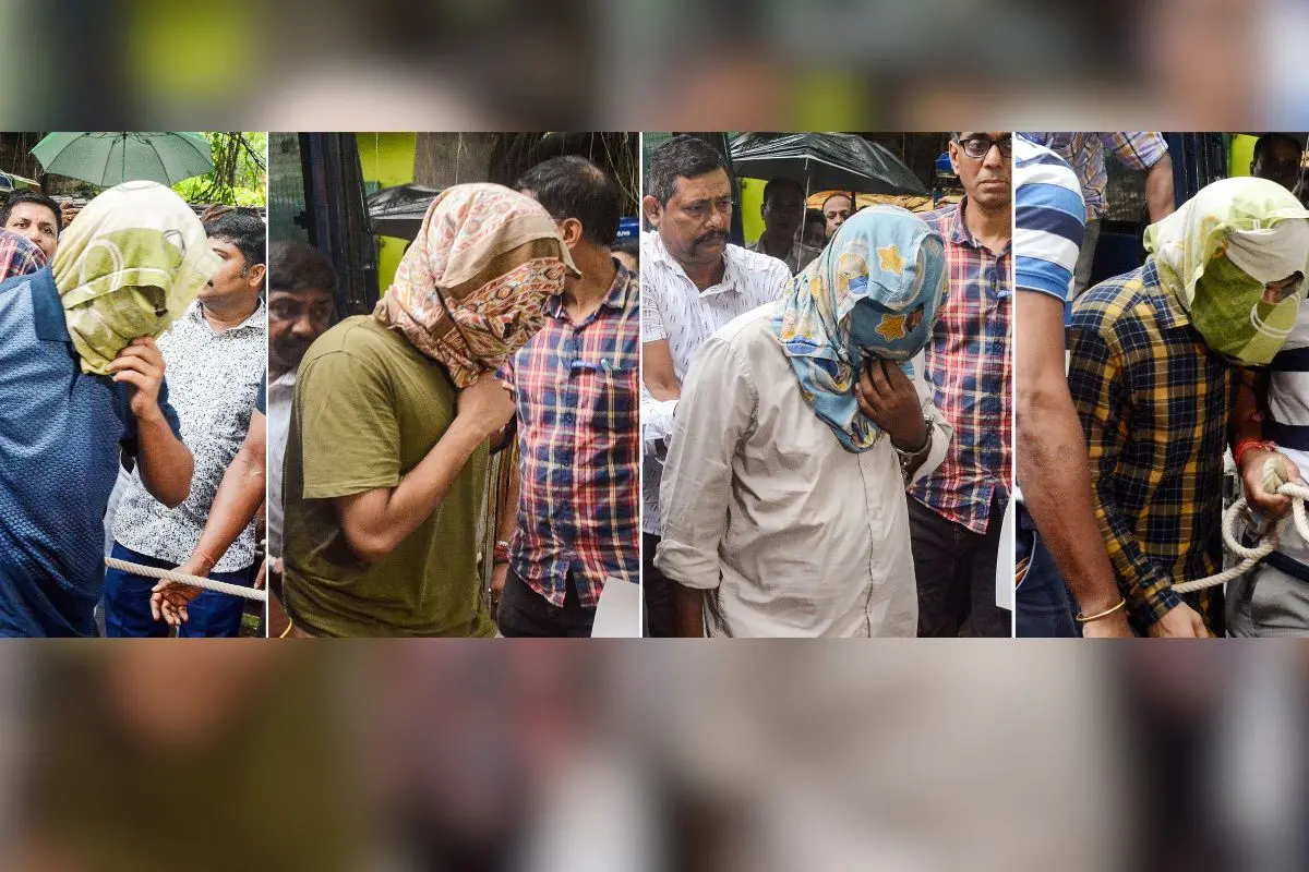 When Monojit Mishra, Pramit Mukherjee, Pinaki Banerjee and Zaib Ahmed, accused in the South Calcutta Law College gangrape case, were produced before the Alipore court in Kolkata on Tuesday.