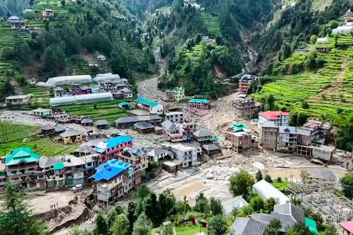 Drone visual of the aftermath of flash floods triggered by cloudburst causing widespread destruction, at Thunag in Mandi on Sunday. Photo: ANI
