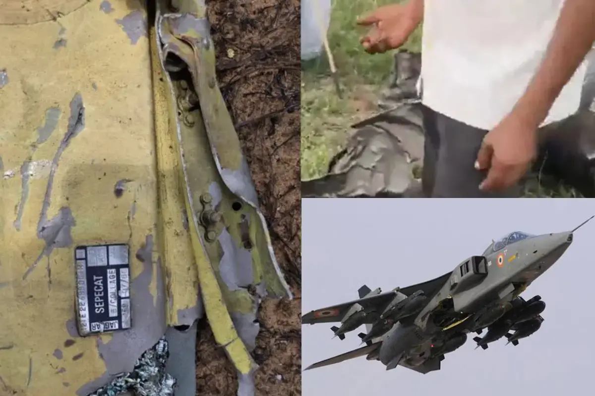 Wreckage of the Indian Air Force Jaguar fighter jet lies scattered near Rajasthan's Churu district