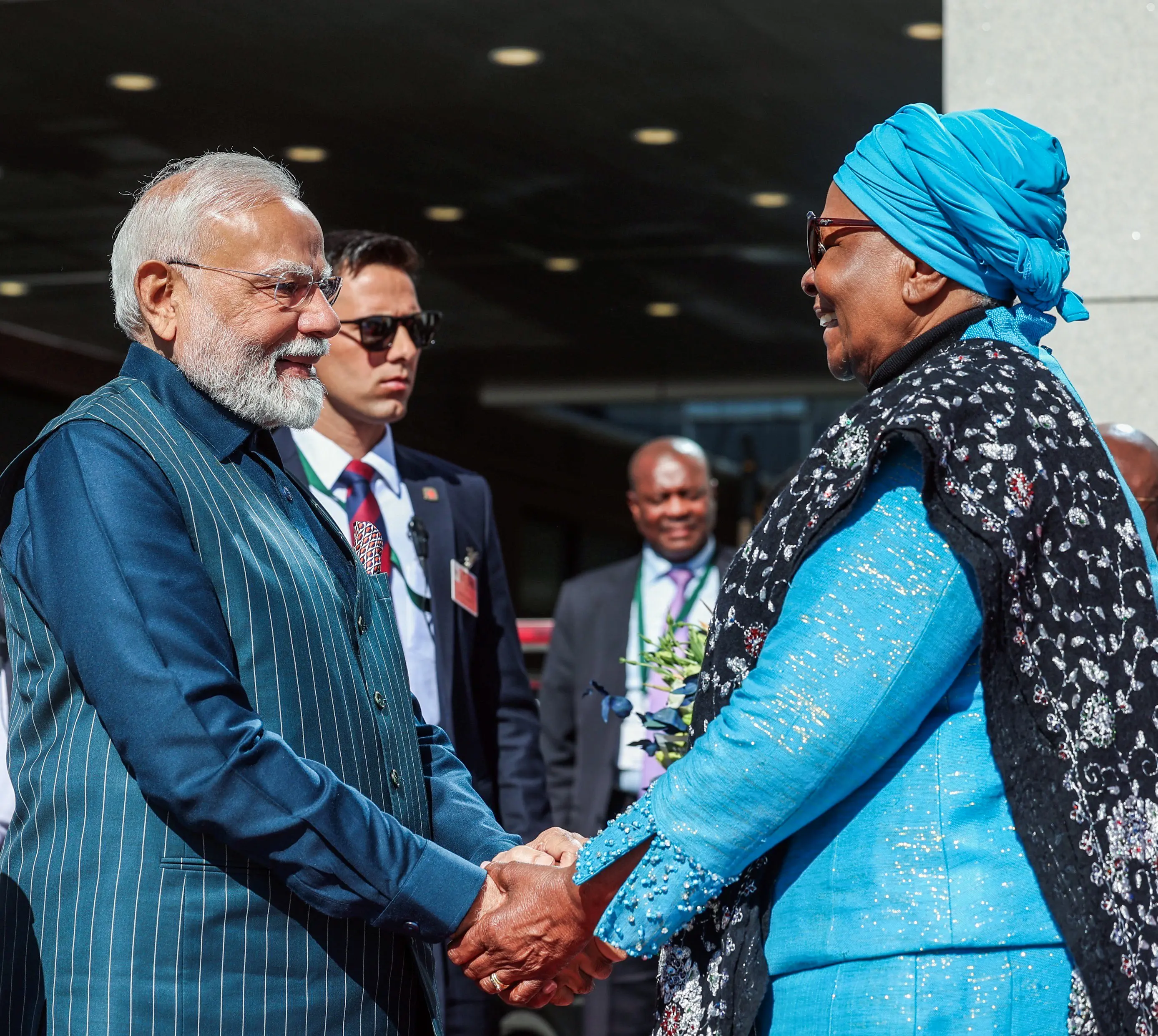 Prime Minister Narendra Modi received by President of Namibia, Netumbo Nandi-Ndaitwah during a ceremonial welcome, at State House in Windhoek on Wednesday. | ANI