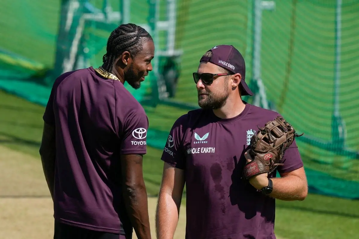 England's Jofra Archer with head coach Brendon McCullum during a practice session ahead of the third test cricket match between India and England, at the Lord's Cricket Ground in London. | Photo: PTI