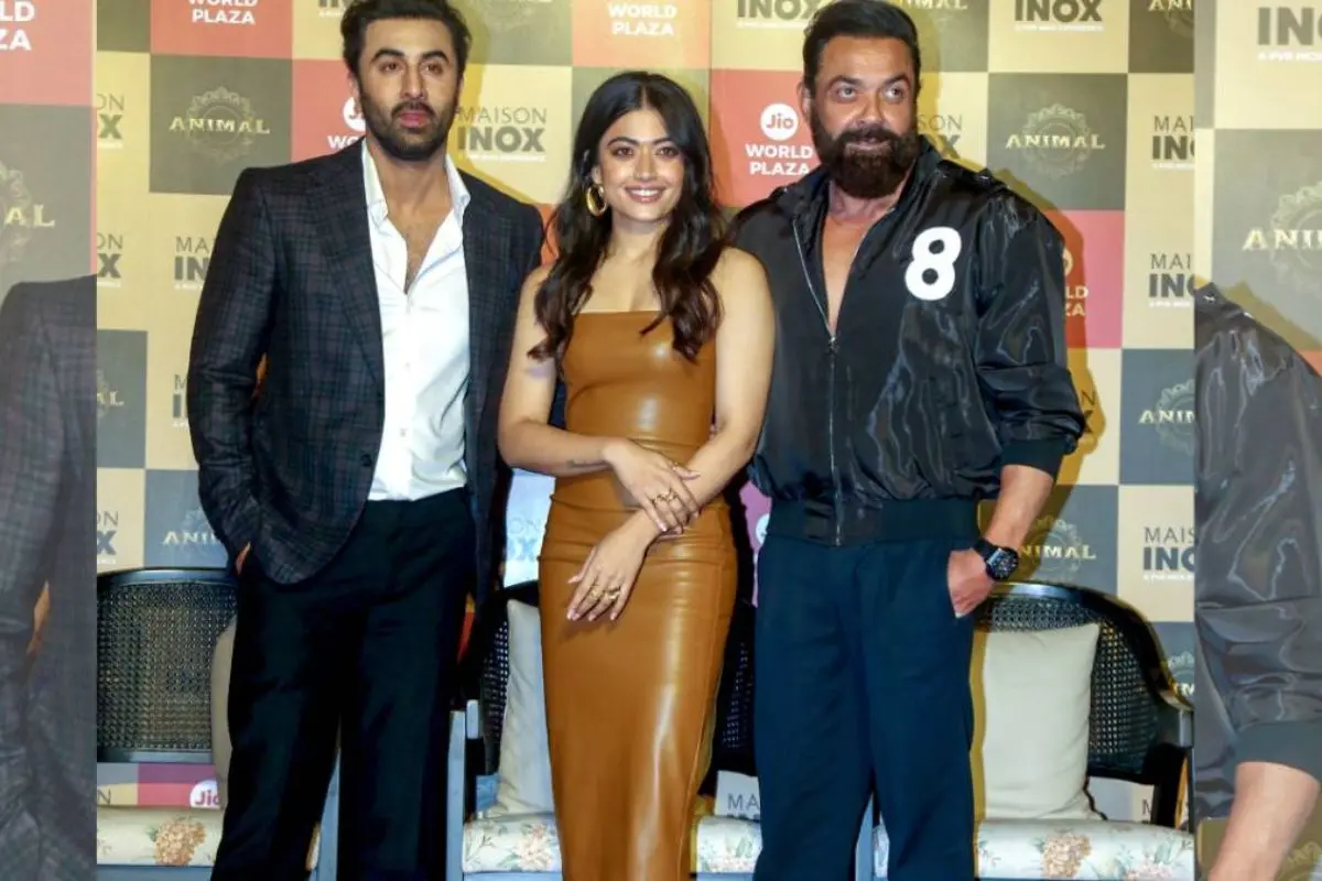 Bollywood actors Ranbir Kapoor, Bobby Deol and Rashmika Mandana pose for a picture during the promotion of their movie 'Animal' in Mumbai. | File Photo: ANI