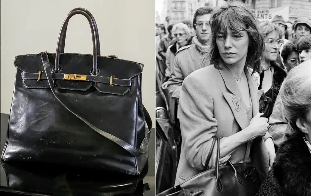 This combination of pictures shows the 'Birkin' bag by Hermes which belonged to British-French actress and singer Jane Birkin at the Sotheby's auction house in Paris. It was auctioned by Sotheby's as part of the Fashion Icons auction sale. (R) British actress and singer Jane Birkin | AFP