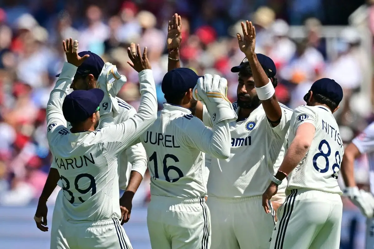 Jasprit Bumrah (2R) celebrates with teammates after bowling England's Joe Root on the second day of the third cricket test match between England and India at Lord's cricket ground in London. | Photo: AP