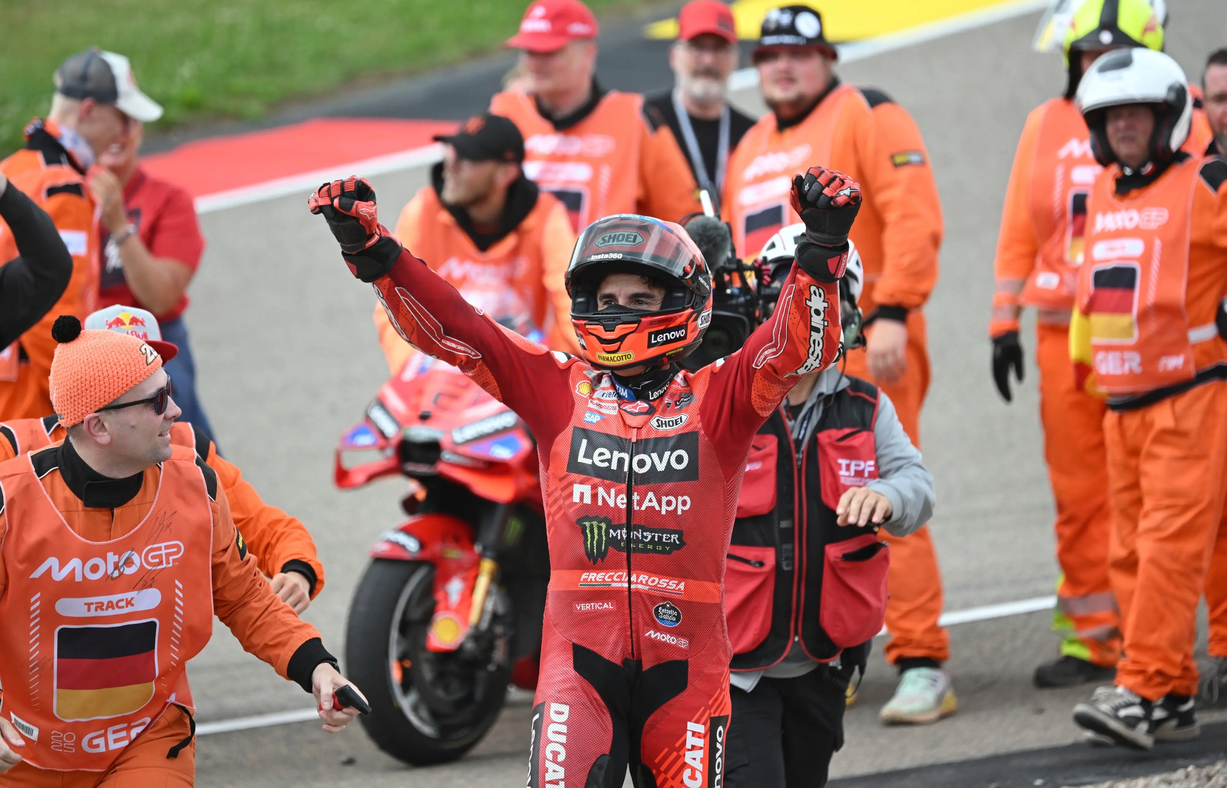 Marc Marquez from Spain from the Ducati Lenovo team celebrates after the victory at the MotoGP race, German Grand Prix, at the Sachsenring circuit | Photo: AP